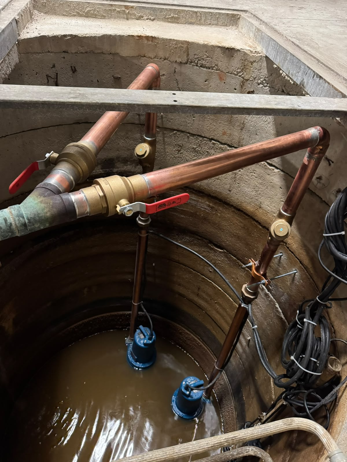 Sump pump service and flood protection plumbing